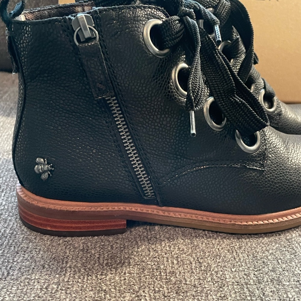 Kelsi Dagger Black Leather Lace-Up Heeled Boots with Brown Stacked Sole